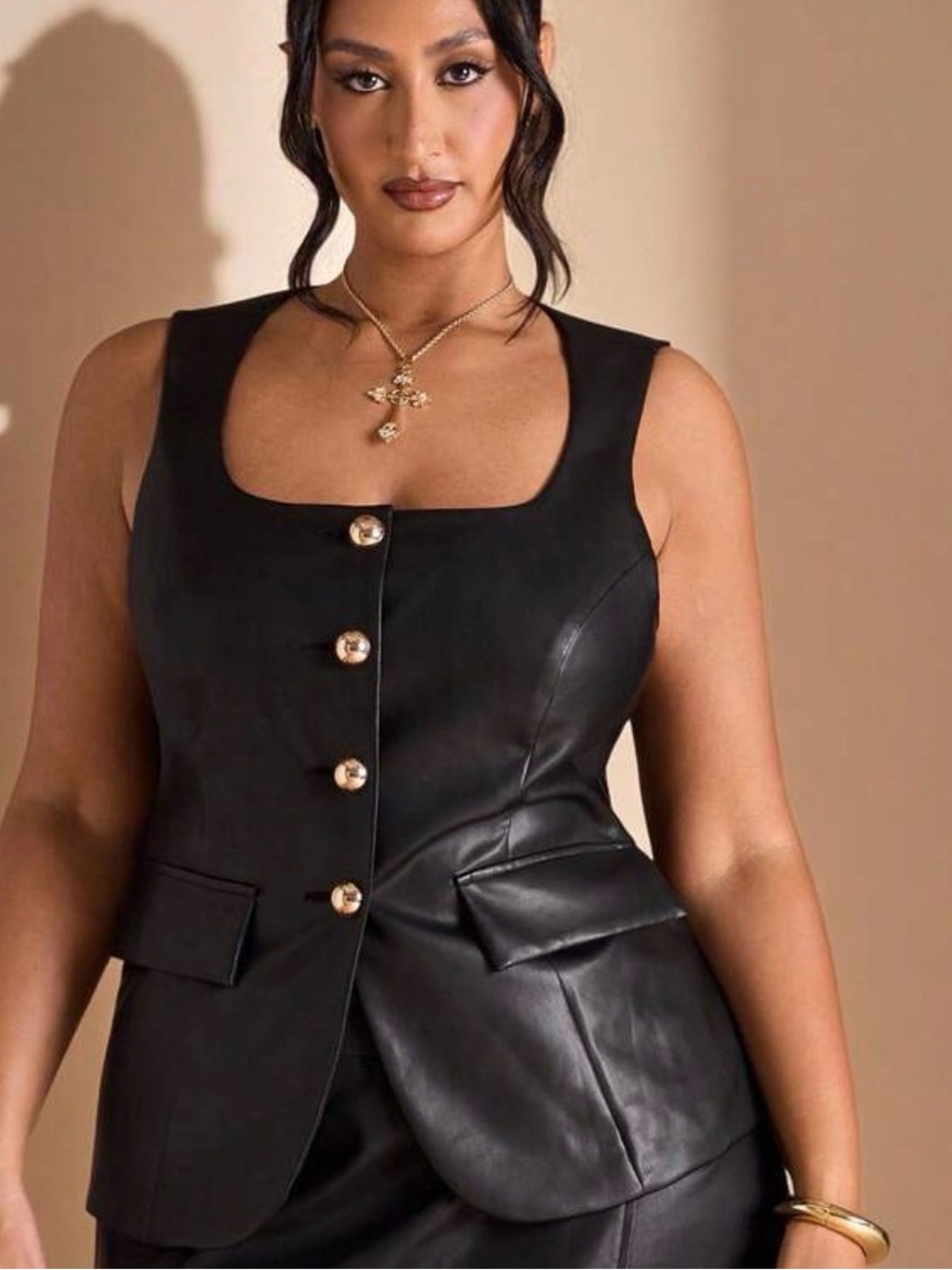 Black Faux Leather Button-Front Vest